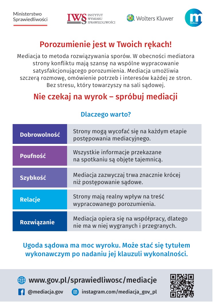 Obrazek zawiera treść z głównymi założeniami mediacji jako alternatywnym sposobem na rozwiązywaniem konfliktów
